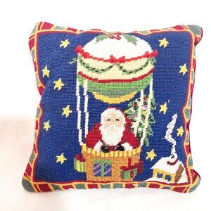 Needlepoint Accent Pillow Christmas Santa Claus Hot Air Balloon